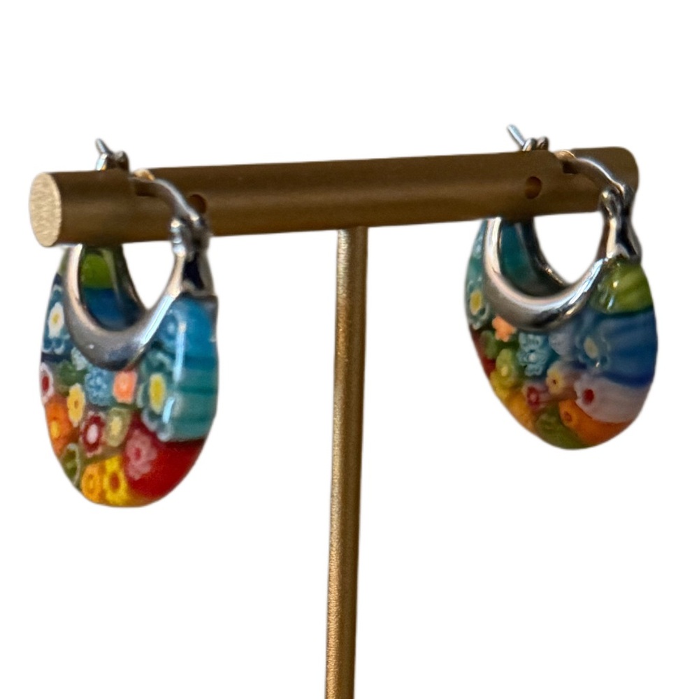 Murano-style Millefiori Glass Hoop Earrings - Picture 4 of 4